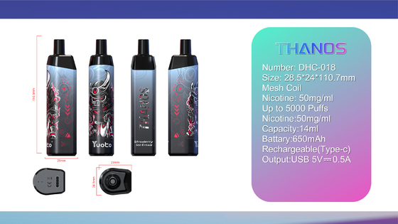 ফ্যাক্টরি মূল্য ডিসপোজেবল পড 14ml ই-লিকুইড 650mAh ব্যাটারি Yuoto Thanos 5000 পাফস মেশ কয়েল বড় ধোঁয়ার জন্য