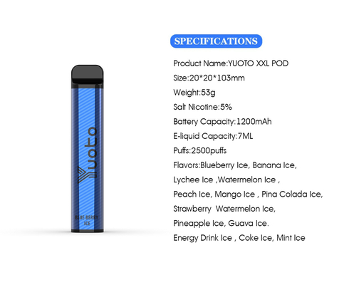 পোর্টেবল 2500 Puffs ডিসপোজেবল Vape সঙ্গে 52g ওজন ব্যাটারি ক্যাপাসিটি 1200mAh