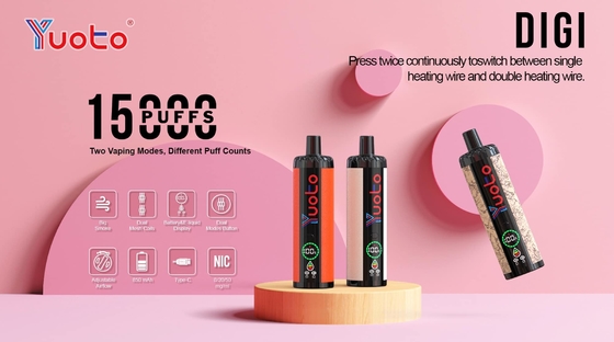ডিসপোজাল ভ্যাপ প্লাস্টিক এল 850mAh 15000 puffs নিয়মিত বায়ু প্রবাহ 23 স্বাদ DualMesh কয়েল