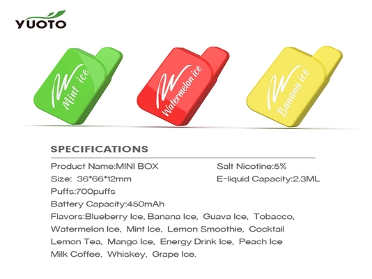Yuoto মিনি বক্স 700 Puffs Vape নিষ্পত্তিযোগ্য 15 ফ্লেভার 22g লাইটওয়েট